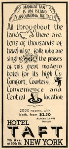 1935 Ad Hotel Taft New York Comfort Courtesy Cartoon - ORIGINAL ADVERTISING TM4