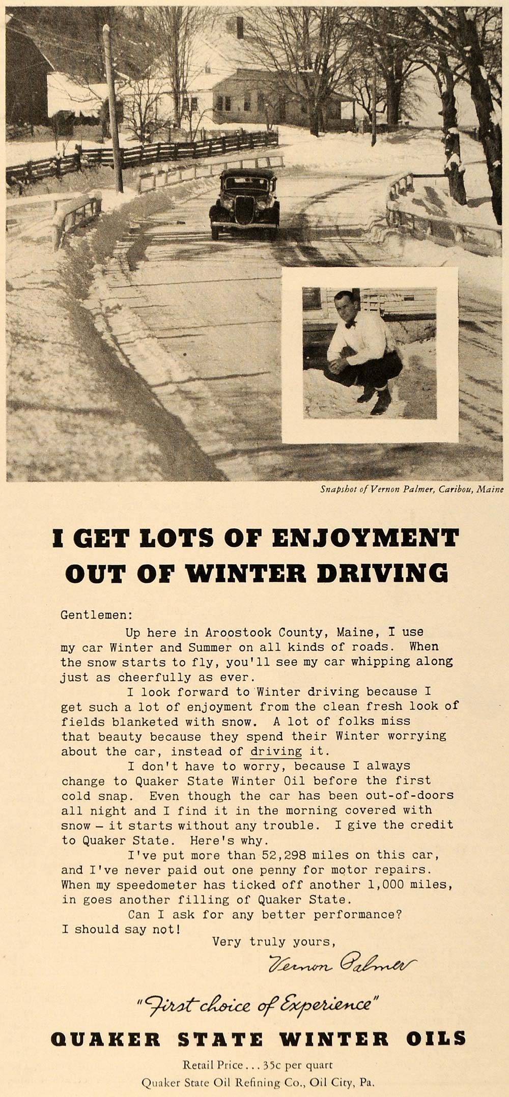 1935 Ad Quaker Winter Car Care Oil Vernon Palmer Letter - ORIGINAL TM4