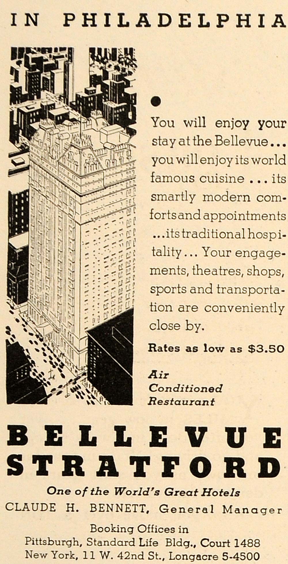 1935 Ad Bellevue Stratford Hotel Philadelphia Rate City - ORIGINAL TM4