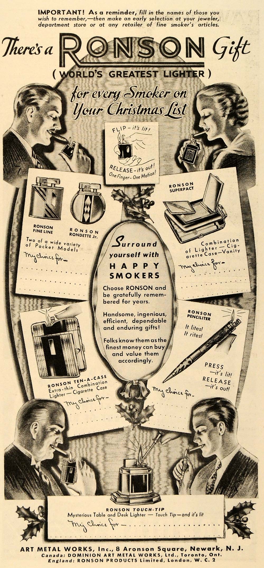 1935 Ad Art Metal Ronson Christmastime Smoking Lighters - ORIGINAL TM4