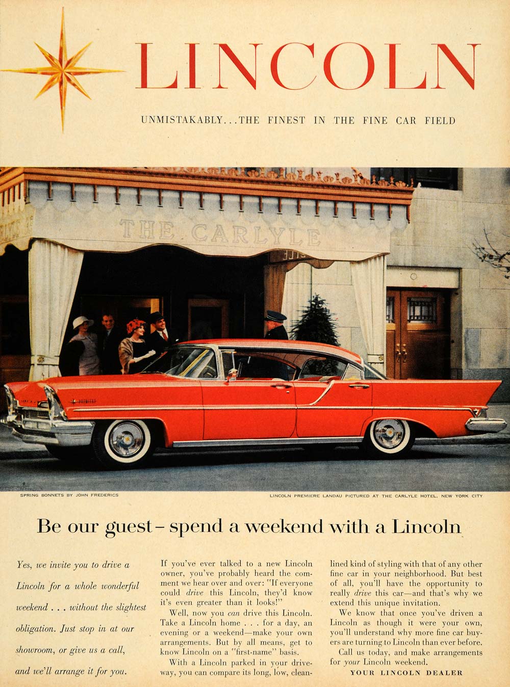 1957 Ad Red Lincoln Premiere Landau Car Carlyle Hotel - ORIGINAL ADVERTISING TM5