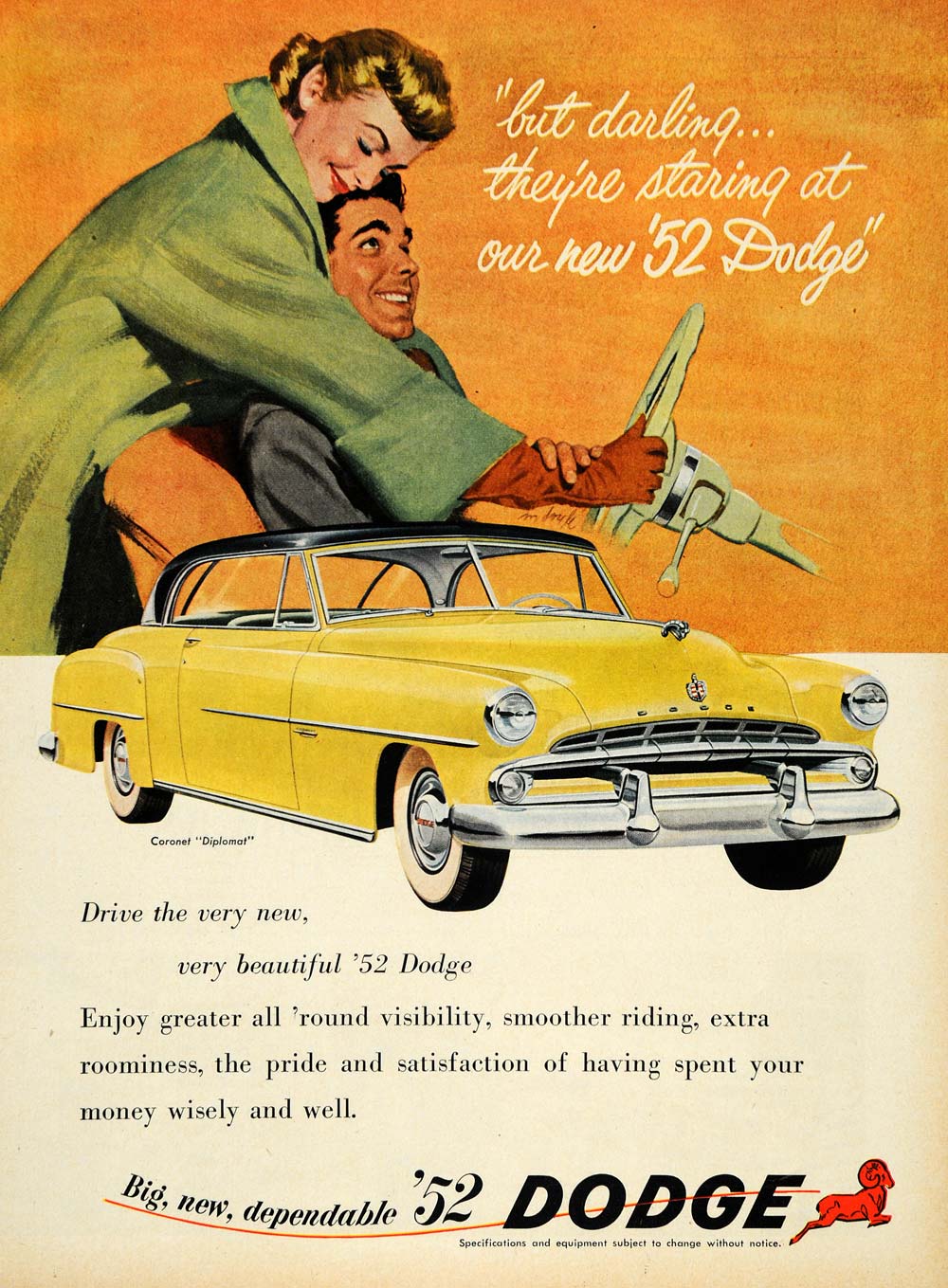 1952 Ad Dodge Coronet Diplomat Automobile Model Yellow Lovers Romance TM5