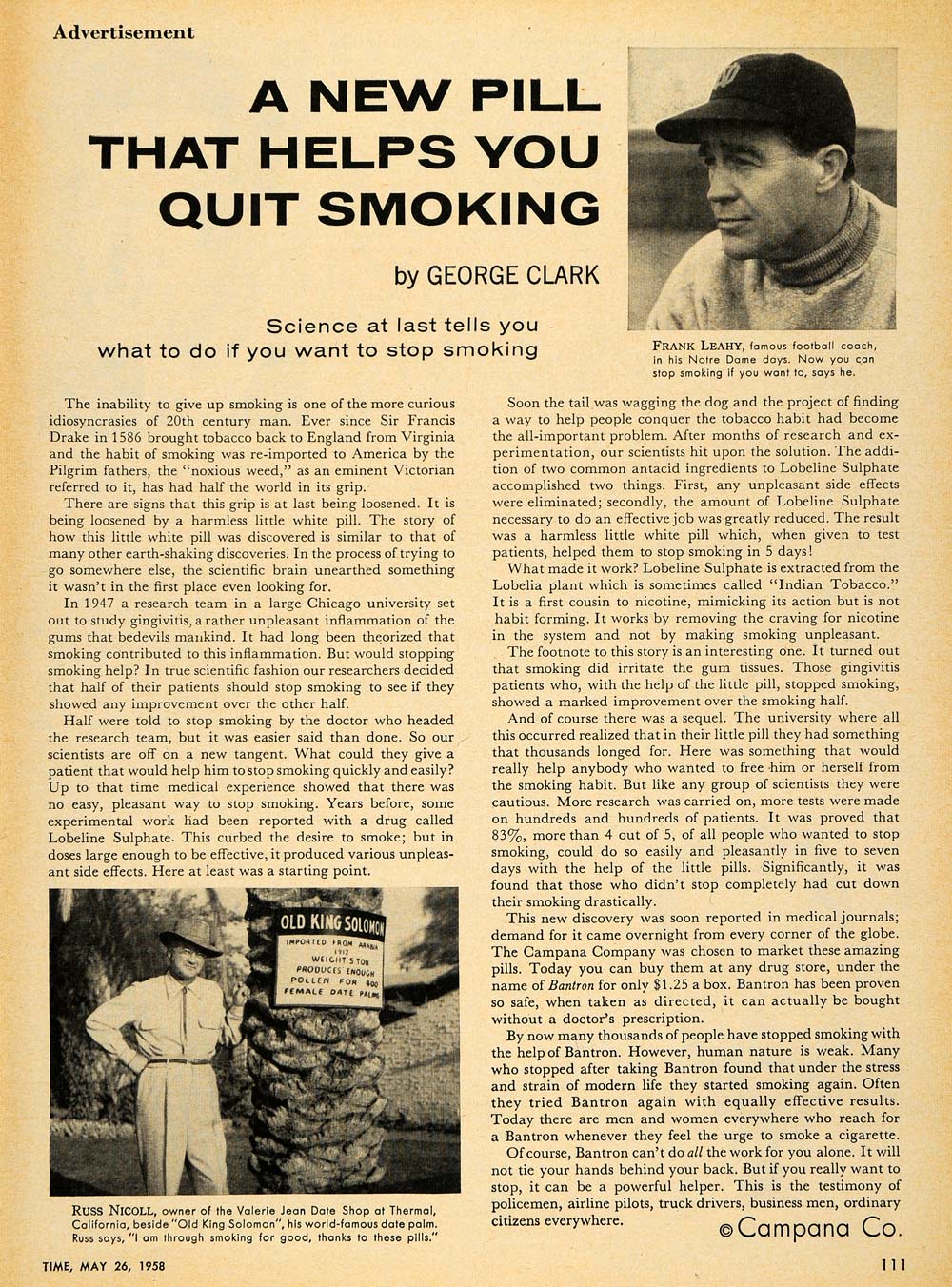 1958 Ad Campana Co. Bantron Quit Smoking Pills F. Leahy - ORIGINAL TM5
