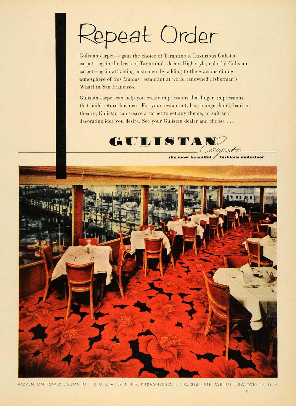 1953 Ad Gulistan Carpets Tarantino Fisherman's Wharf - ORIGINAL ADVERTISING TM5