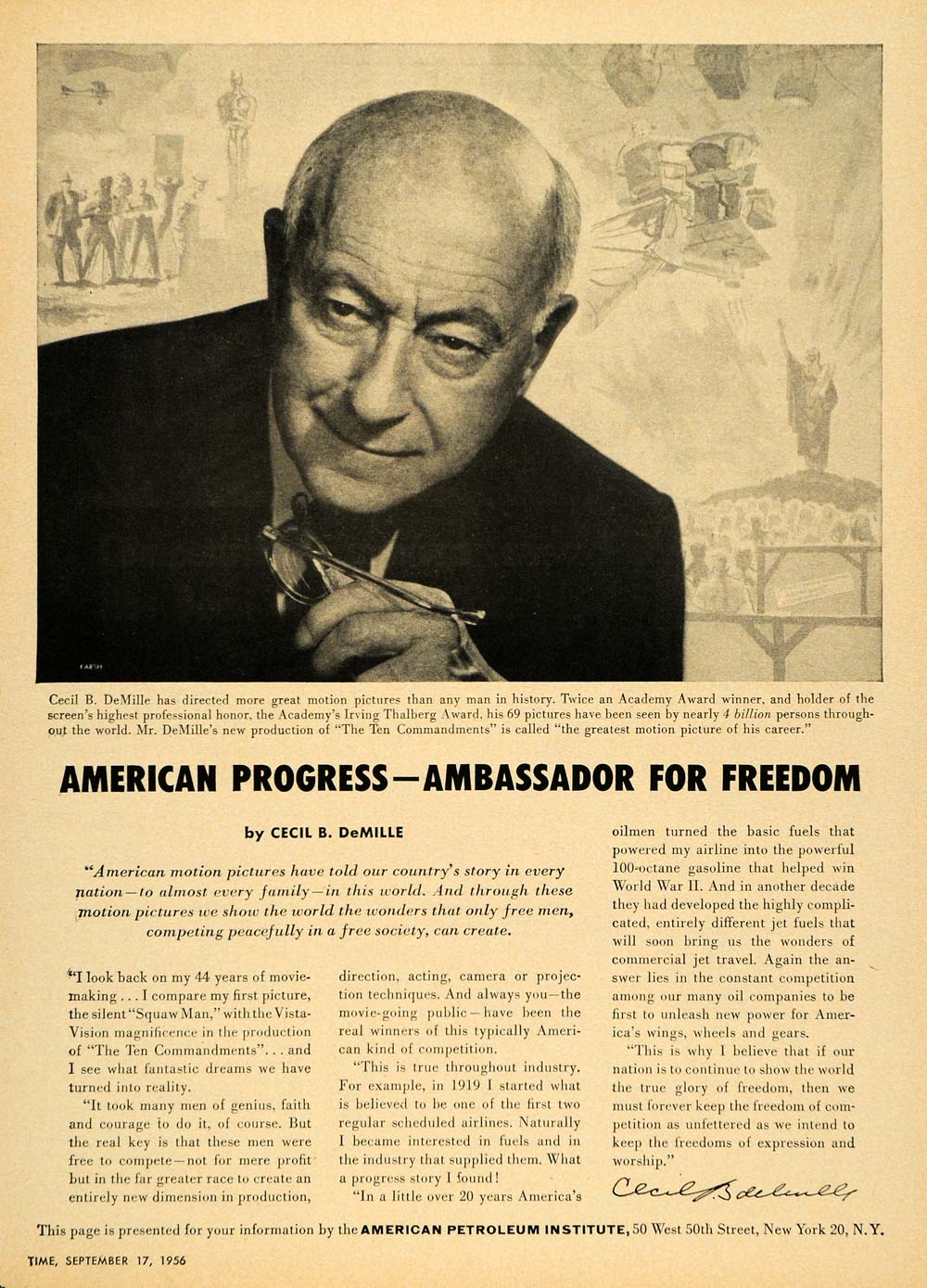 1956 Ad American Petroleum Institute Cecil B. DeMille - ORIGINAL ADVERTISING TM5