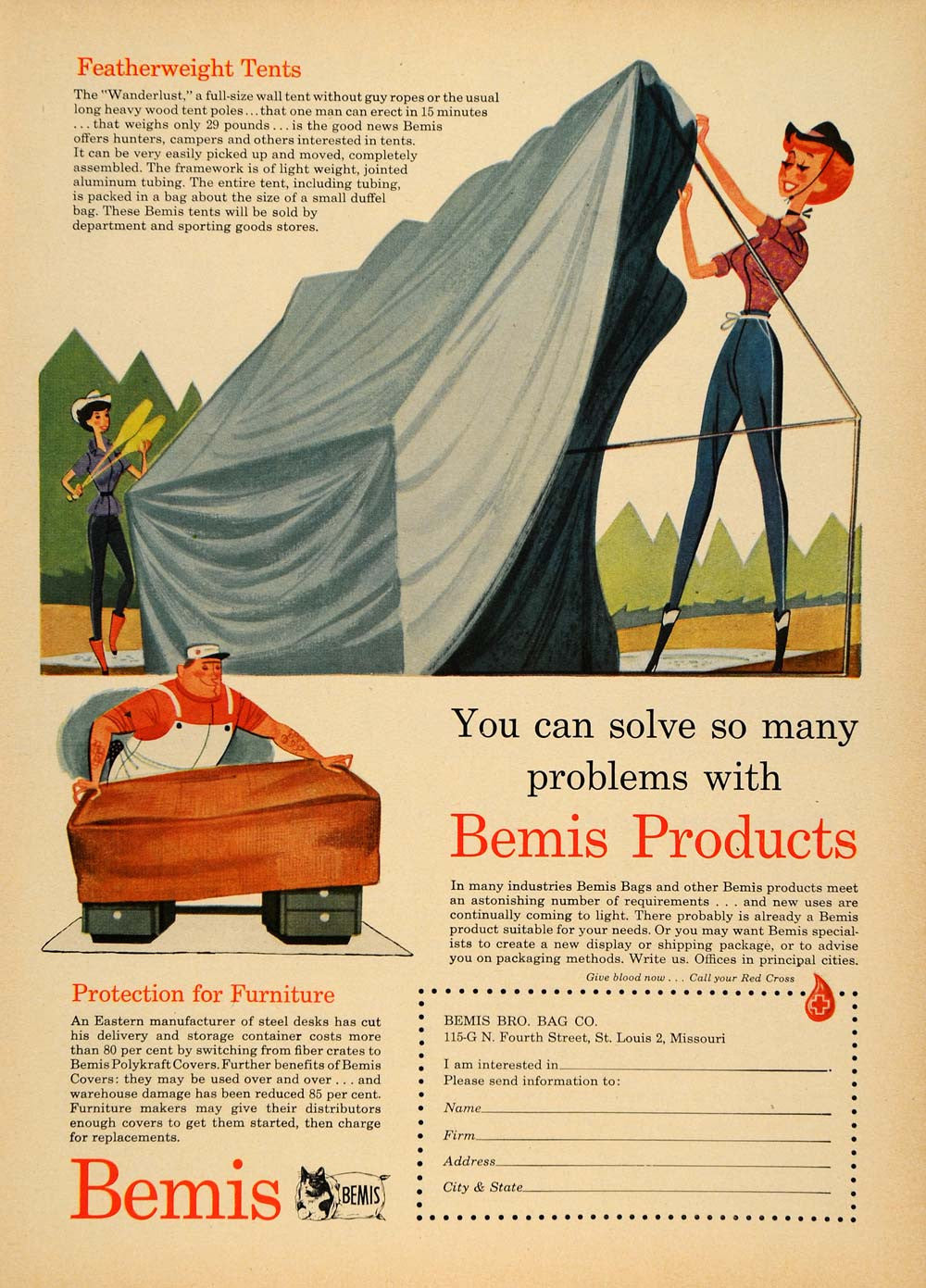 1955 Ad Bemis Featherweight Tents Women Camping MO - ORIGINAL ADVERTISING TM5