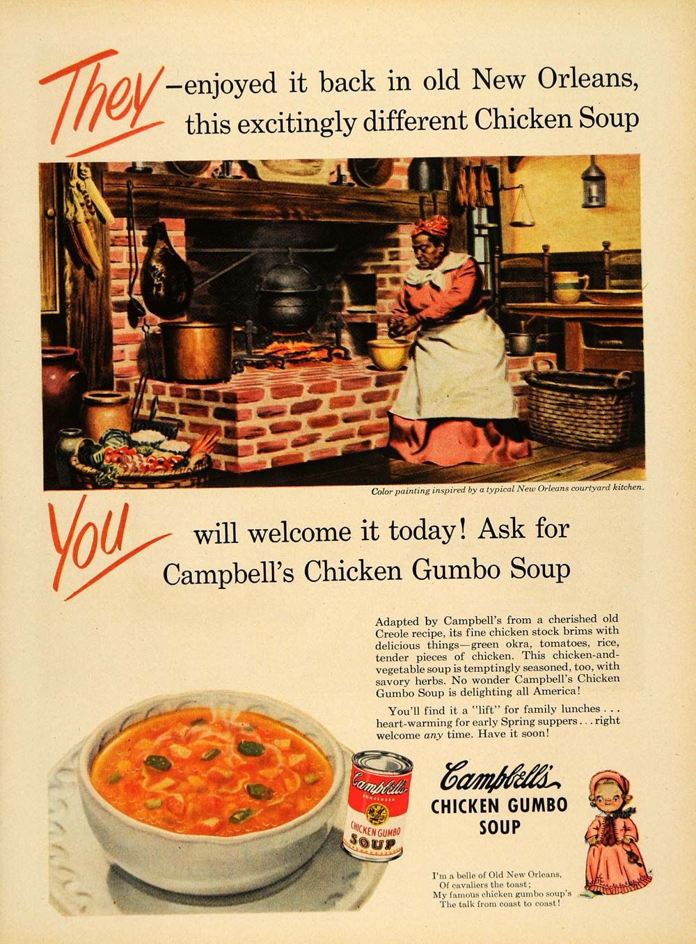 1950 Ad Campbell Kids Chicken Gumbo Soup New Orleans - ORIGINAL ADVERTISING TM5