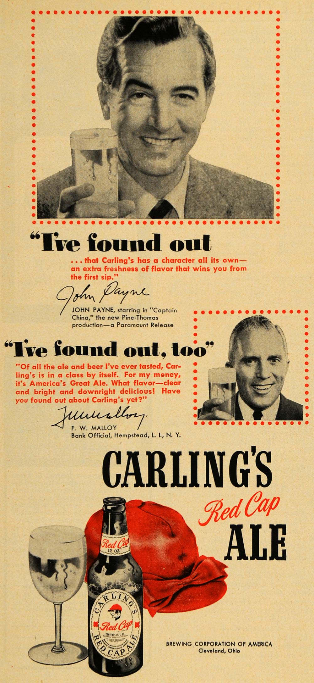 1950 Ad John Payne Carling's Red Cap Ale F. W. Malloy - ORIGINAL ADVERTISING TM5