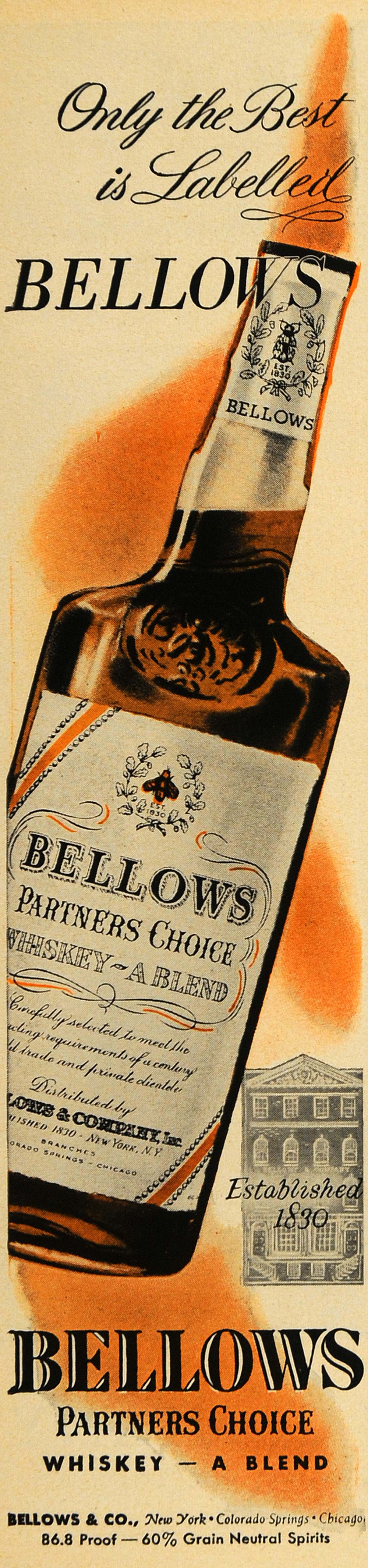 1950 Ad Bellows Partner's Choice Grain Whiskey Bottle - ORIGINAL ADVERTISING TM5