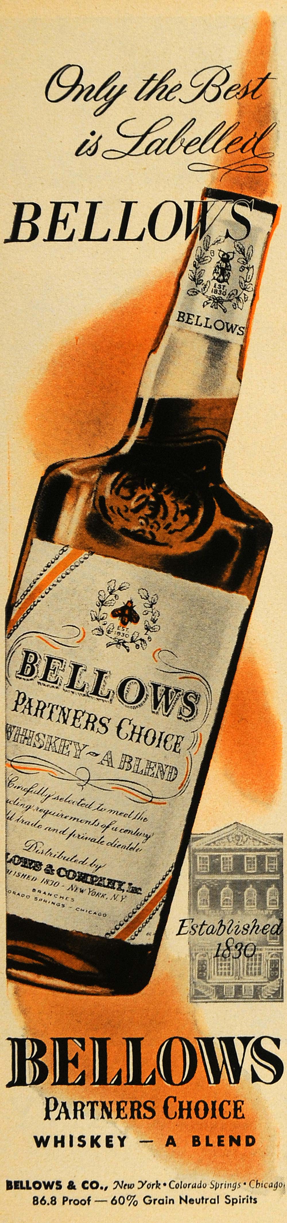 1950 Ad Bellows Partner's Choice Grain Whiskey Bottle - ORIGINAL ADVER ...