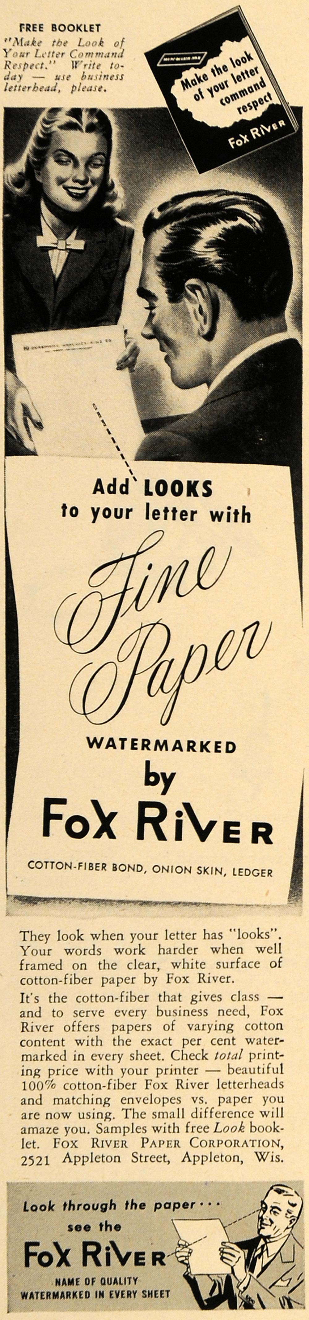 1950 Ad Fox River Watermarked Fine Paper Cotton-Fibre - ORIGINAL ADVERTISING TM5
