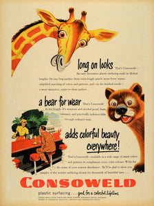 1952 Ad Consoweld Giraffe Bear Plastic Surfacing Animal - ORIGINAL TM5