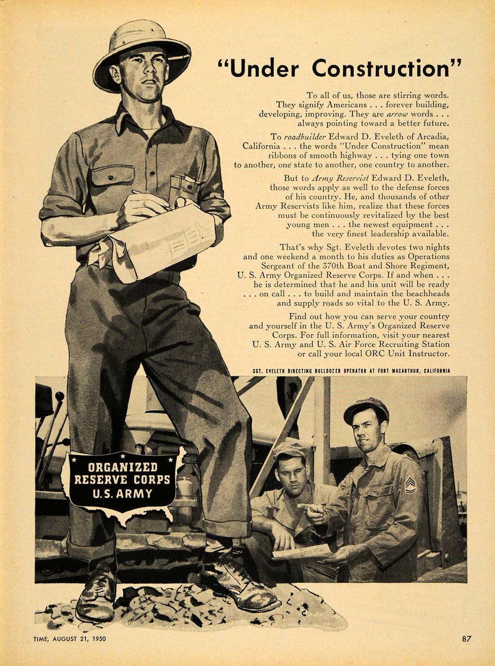 1950 Ad U. S. Army Military Edward Eveleth Arcadia - ORIGINAL ADVERTISING TM5