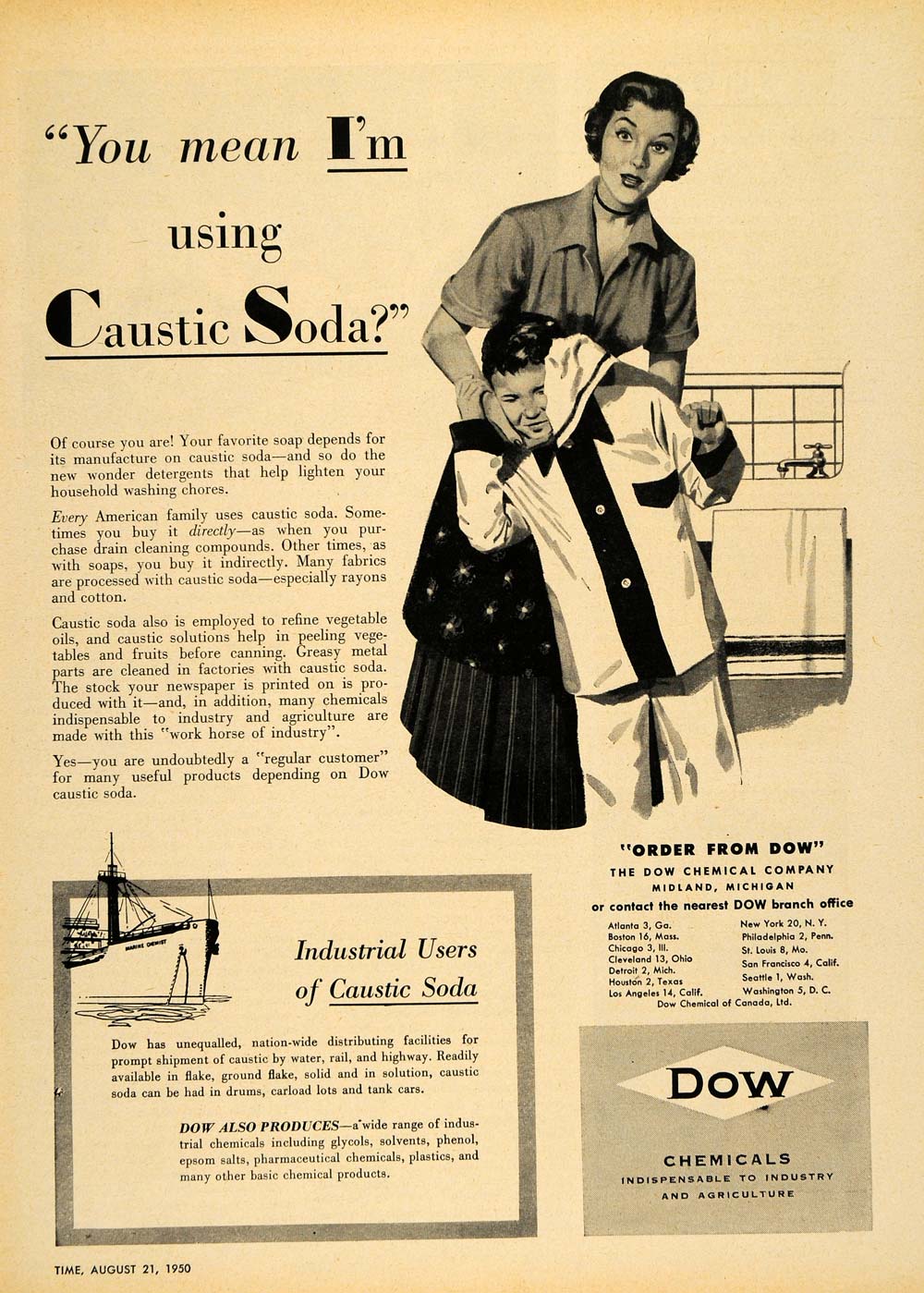 1950 Ad Caustic Soda Soap DOW Chemicals Midland Family - ORIGINAL TM5