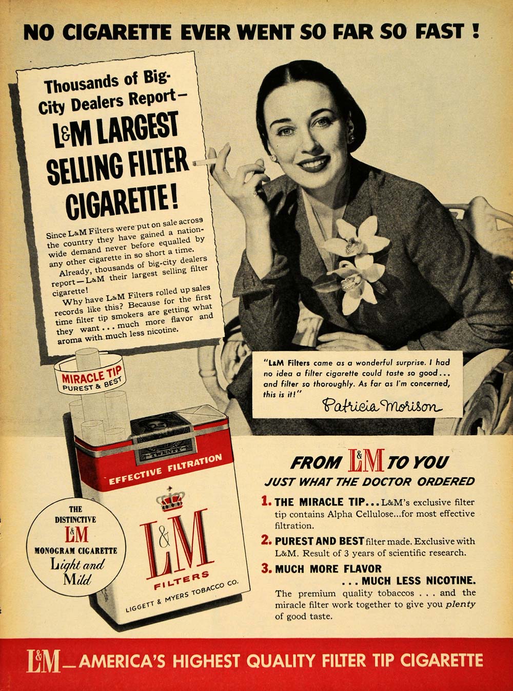 1954 Ad L & M Filter Cigarette Patricia Morison Stage - ORIGINAL ADVERTISING TM5