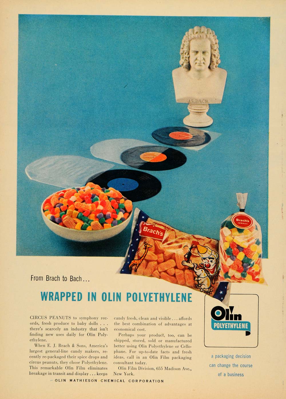 1955 Ad Olin Polyethylene Plastic Brach Bach Candy Art - ORIGINAL