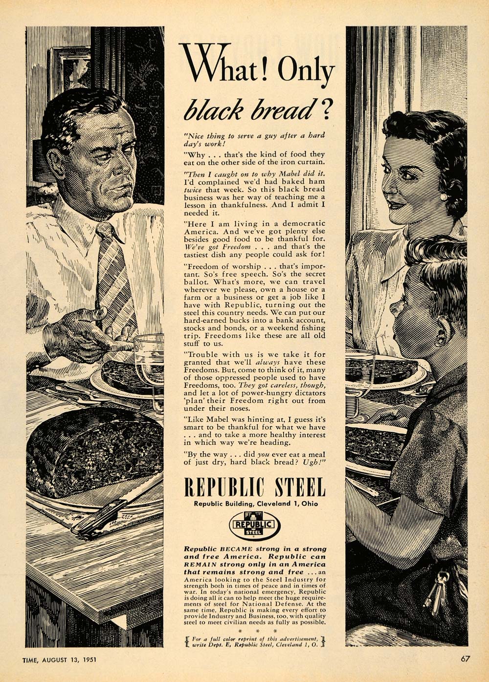 1951 Ad Republic Steel Black Bread Family Husband Metal - ORIGINAL TM5
