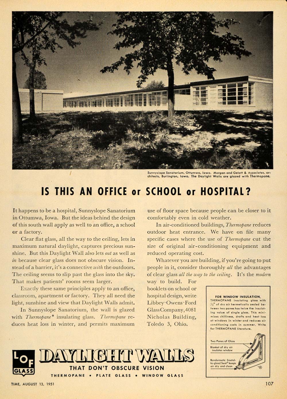1951 Ad Daylight Walls Sunnyslope Sanatorium Ottumwa - ORIGINAL ADVERTISING TM5