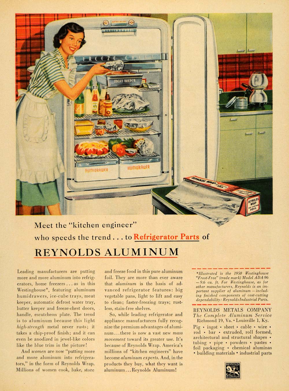 1950 Ad Reynolds Aluminum Metals Refrigerator Kitchen - ORIGINAL ADVERTISING TM5