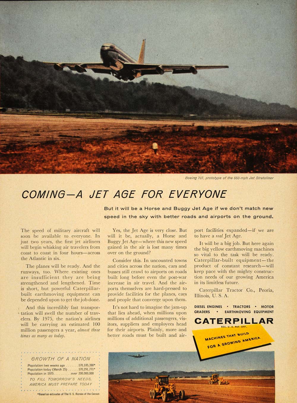 1957 Ad Caterpillar Jet Stratoliner Boeing 707 Airplane - ORIGINAL TM5