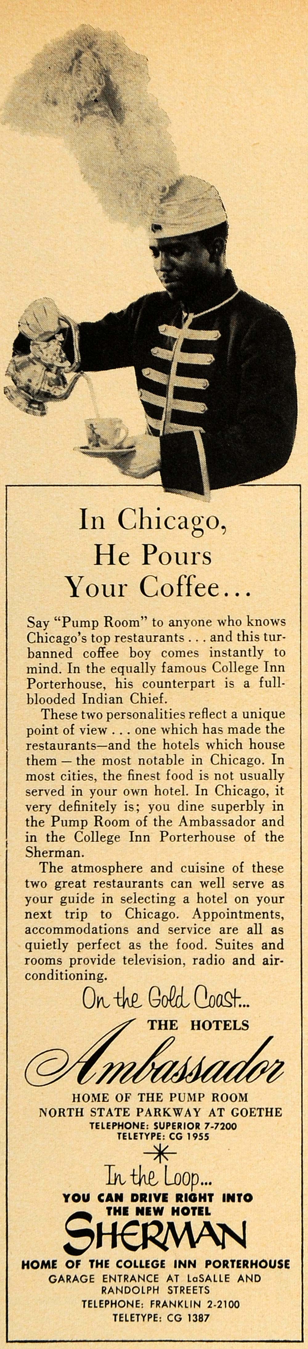 1955 Ad Chicago Illinois Coffee Ambassador Hotel Travel - ORIGINAL TM5