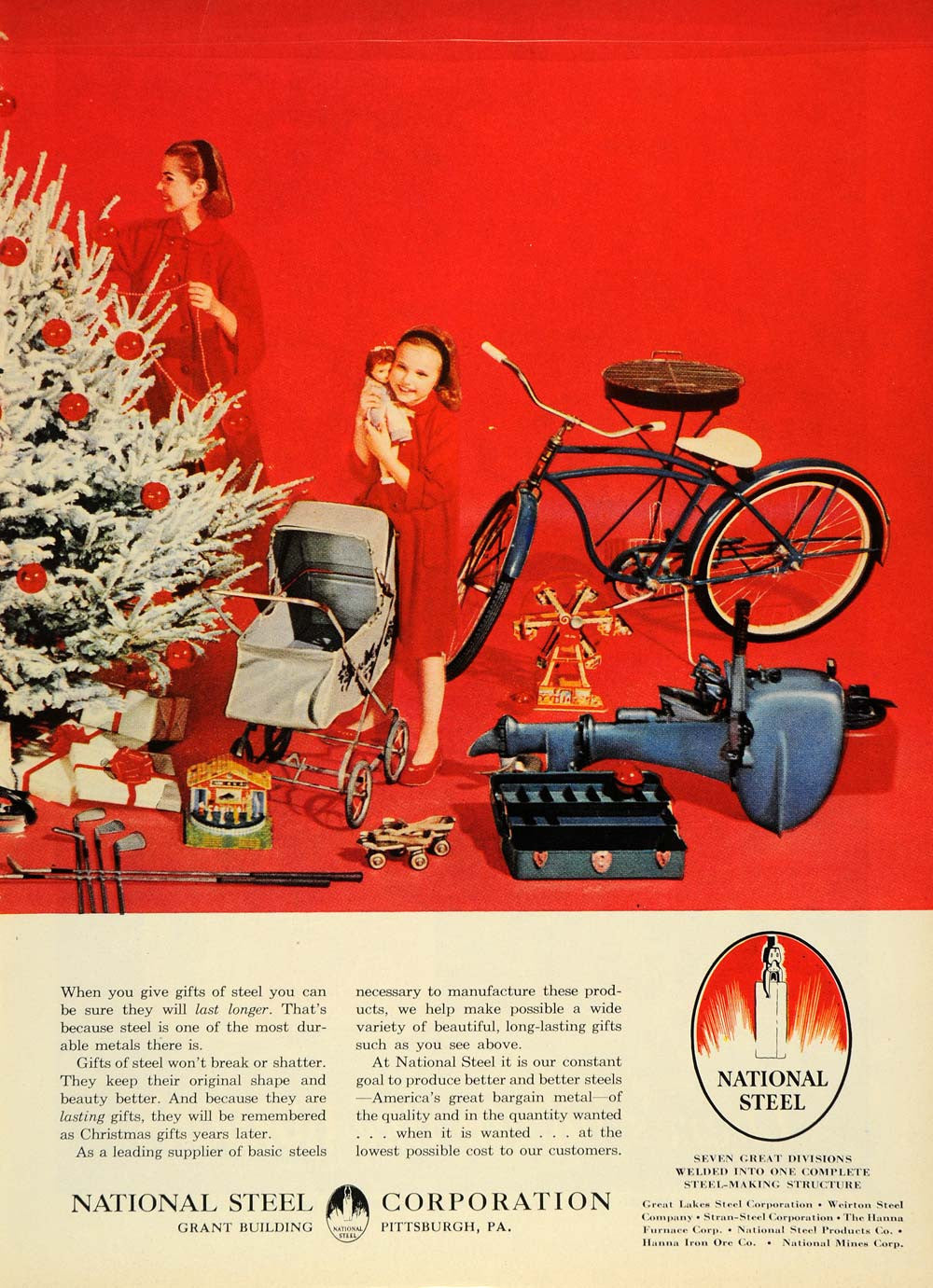 1955 Ad Merry Christmas Tree National Steel Bicycle - ORIGINAL ADVERTISING TM5
