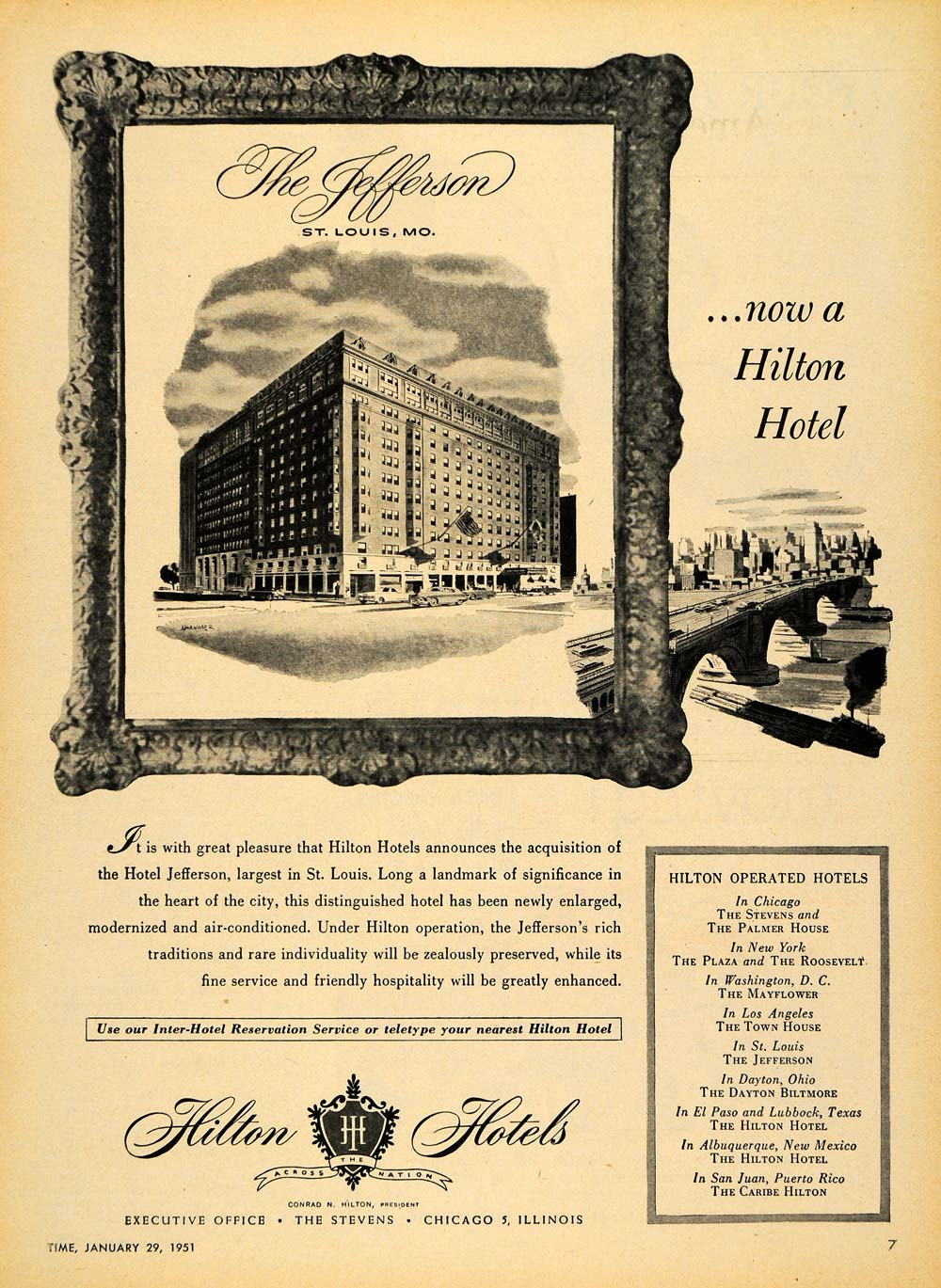 1951 Ad Hilton Hotel Logo St. Louis Lodging Jefferson - ORIGINAL ADVER –  Period Paper Historic Art LLC