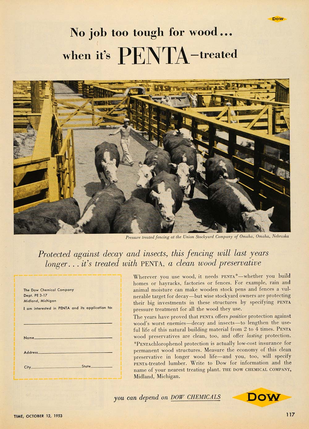 1953 Ad Dow Chemical Co. Union Stockyard Co Cattle Farm - ORIGINAL TM6