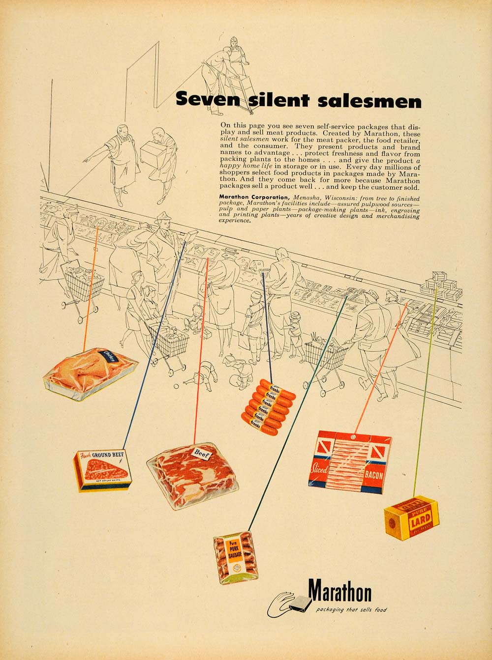 1952 Ad Marathon Meat Products Food Packaging Market - ORIGINAL ADVERTISING TM6