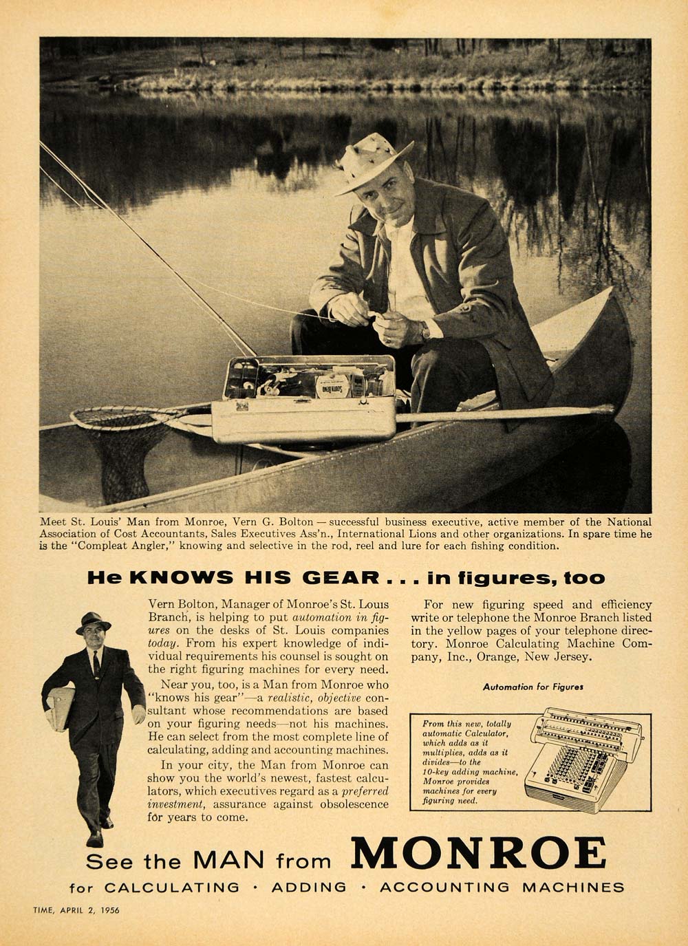 1956 Ad Monroe Calculating Machine Fishing V G Bolton - ORIGINAL ADVERTISING TM6