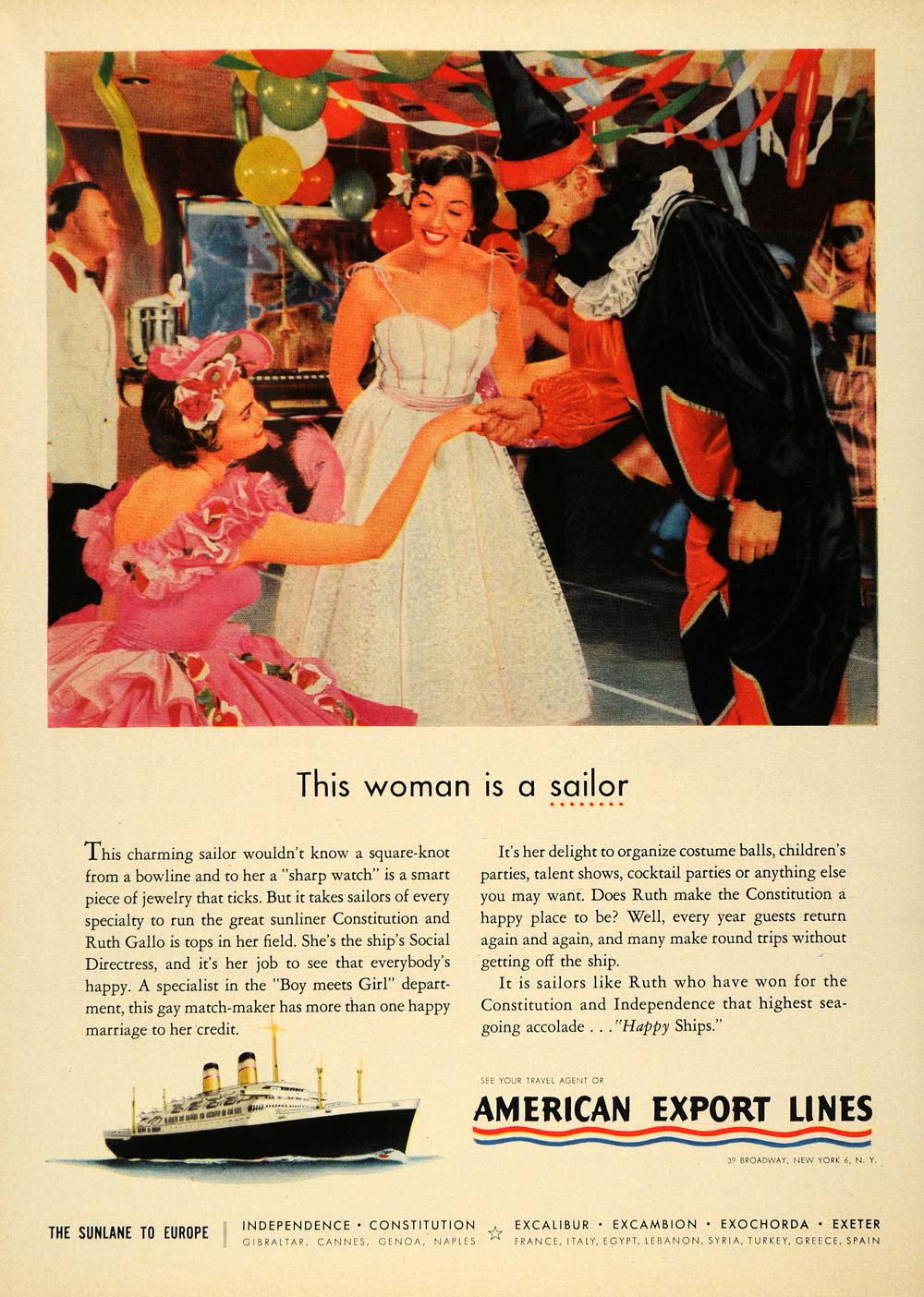 1955 Ad American Export Line Sailor Ship Cocktail Party - ORIGINAL TM6