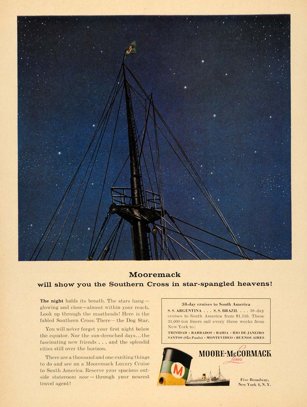 1956 Ad Moore-McCormack Lines Mainmast Crow's Nest Ship - ORIGINAL TM6