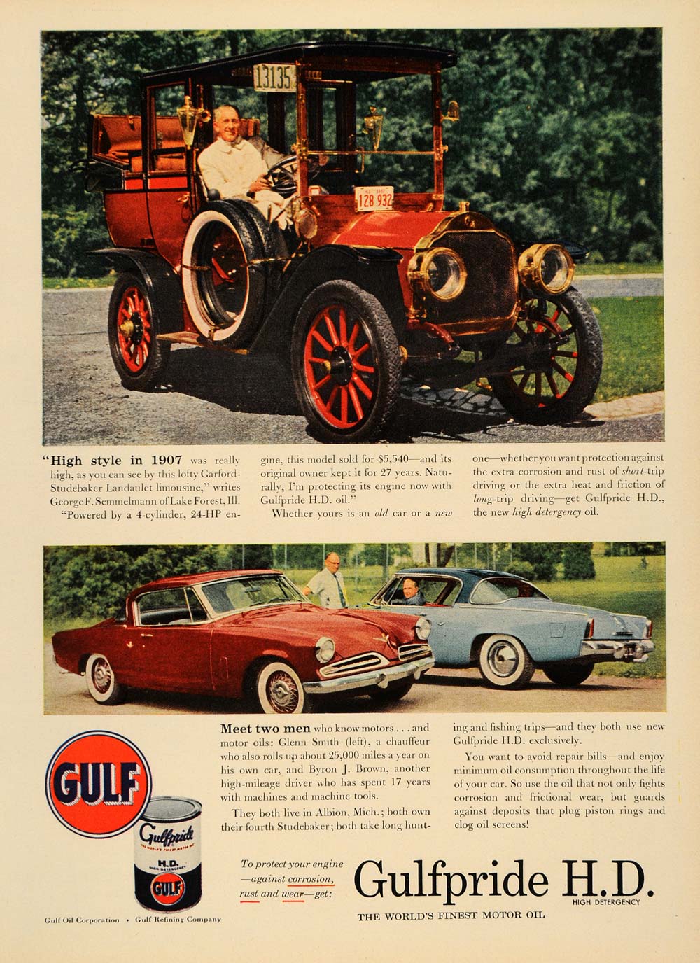 1953 Ad Gulf Oil Gulfpride H D Motor Oil Vintage Cars - ORIGINAL ADVERTISING TM6