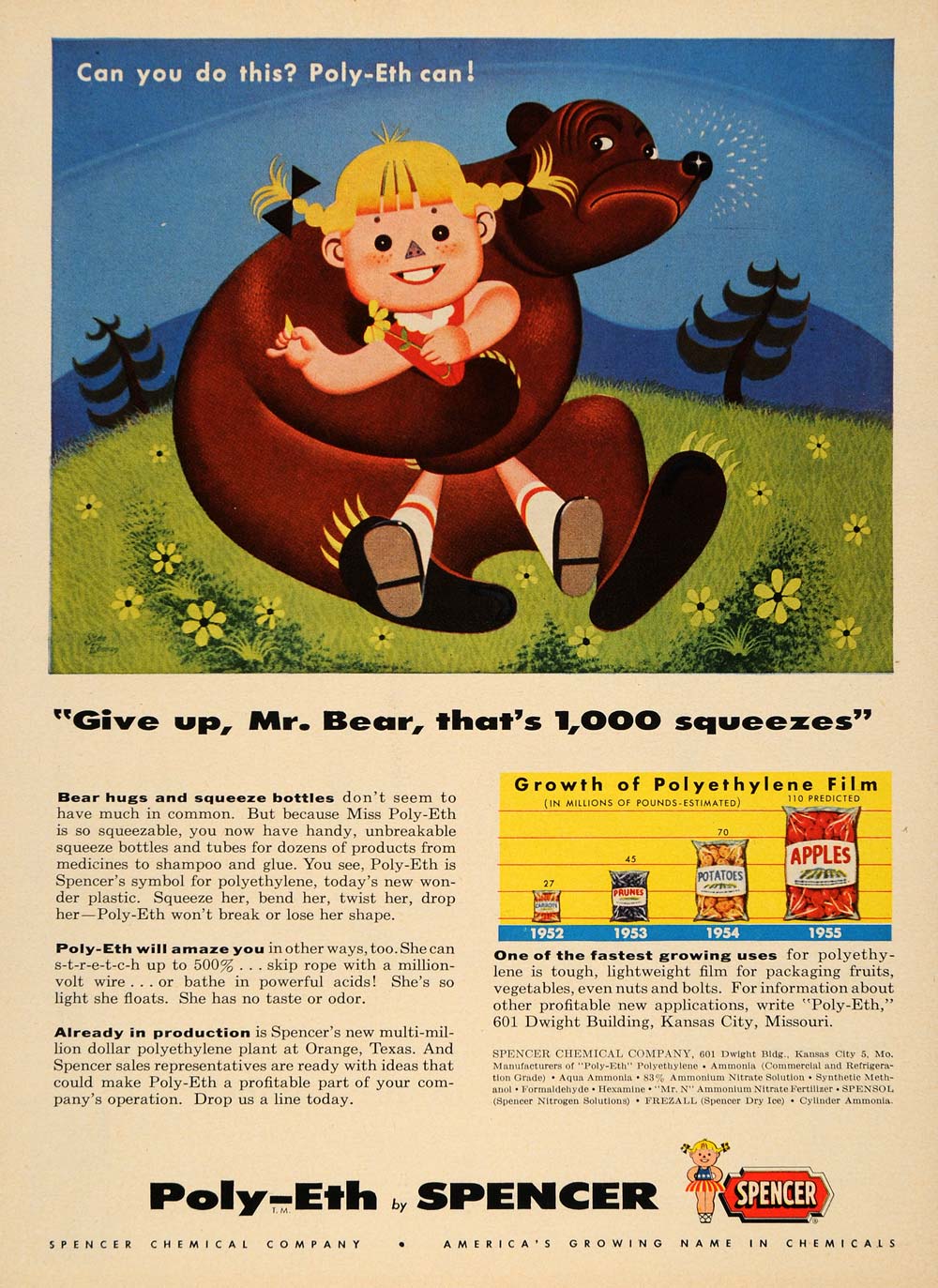 1955 Ad Spencer Chemical Co. Poly-Eth Bear & Child - ORIGINAL ADVERTISING TM6