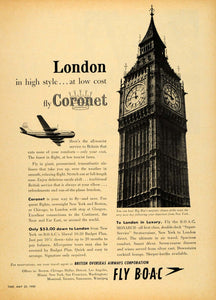 1955 Ad British Overseas Airways Coronet Plane Big Ben - ORIGINAL TM6