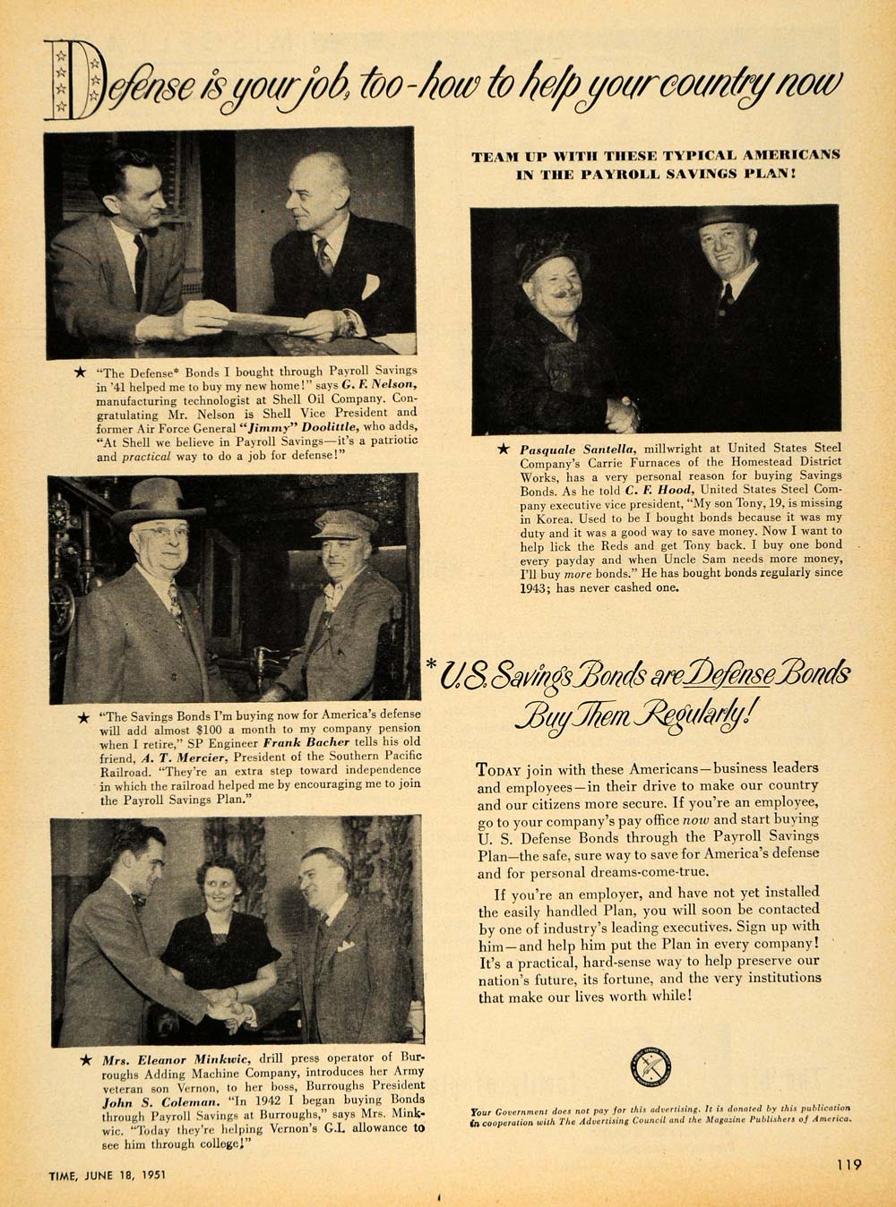 1951 Ad U. S. Saving Defense Bonds Minkwic Doolittle - ORIGINAL ADVERTISING TM6