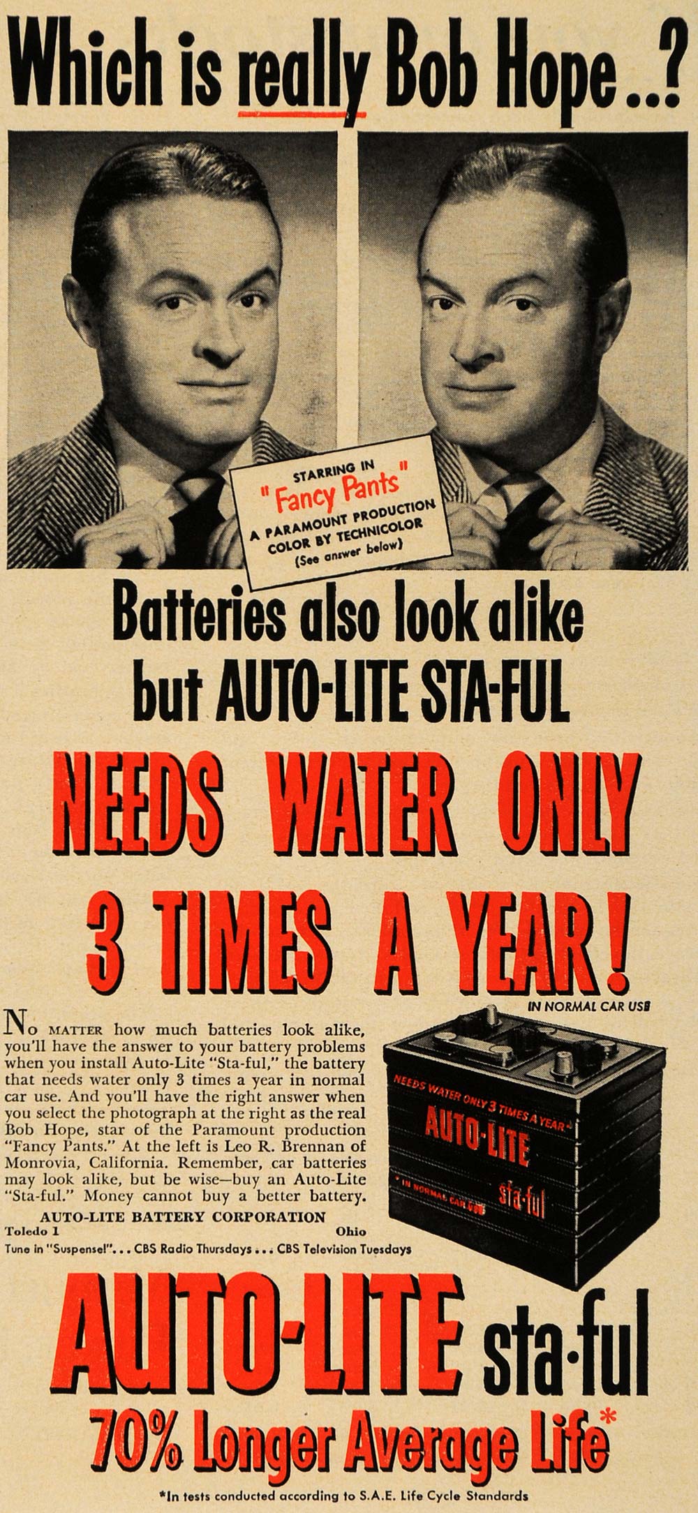 1950 Ad Auto-Lite Sta-Ful Battery Bob Hope Fancy Pants - ORIGINAL TM6