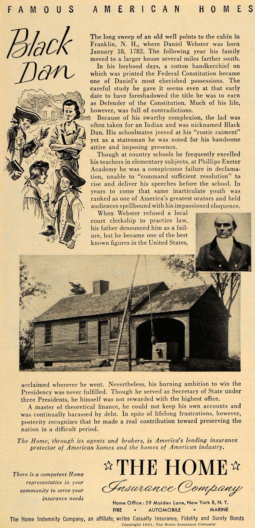 1951 Ad Black Daniel Webster Home House Insurance Fire - ORIGINAL TM6