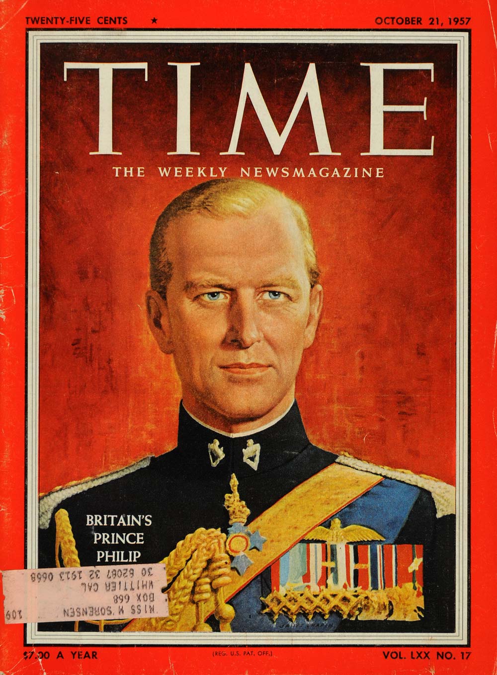 1957 Cover Time Magazine Prince Philip Great Britain - ORIGINAL TM6