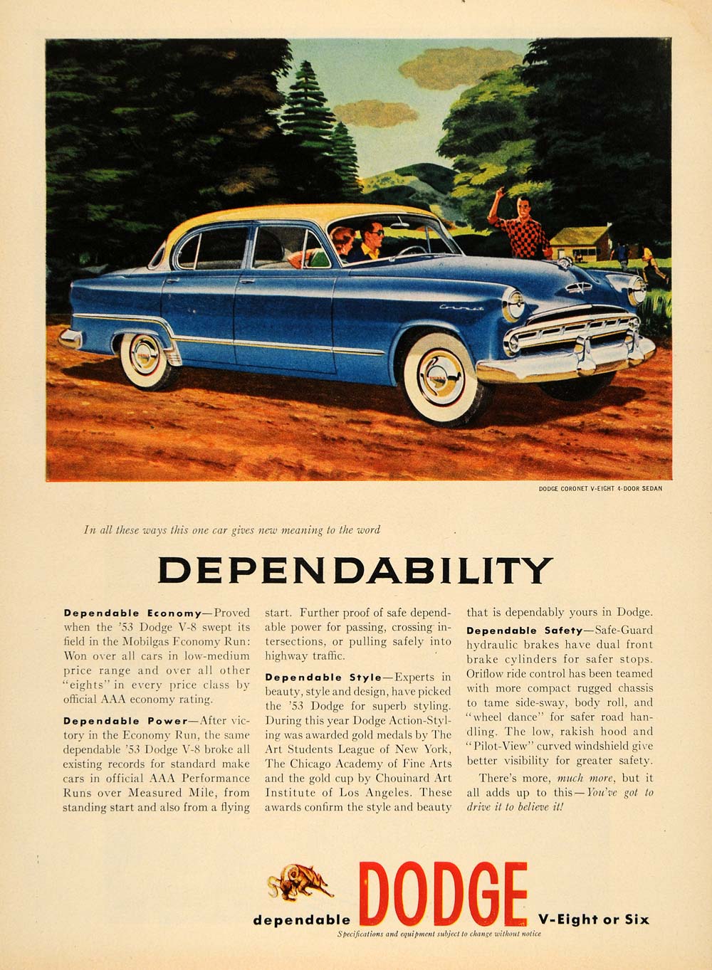 1953 Ad Dodge V8 Coronet Sedan Vintage Mobilgas Economy - ORIGINAL TM6