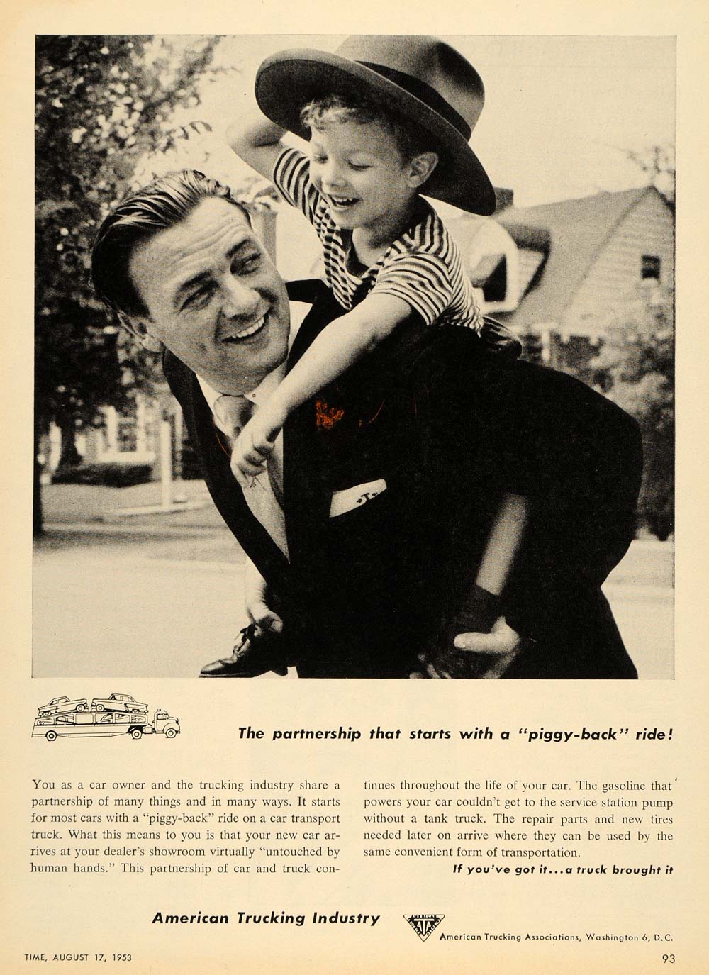 1953 Ad American Trucking Car Piggyback Father and Son - ORIGINAL TM6