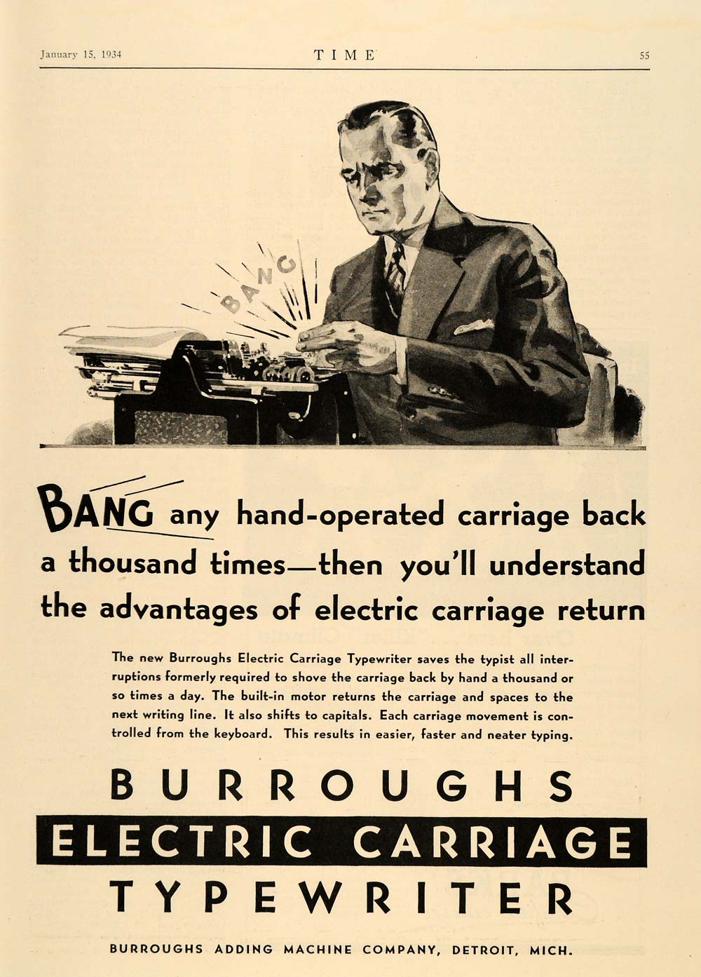 1934 Ad Burroughs Electric Carriage Typewriter Typist - ORIGINAL ADVERTISING TM6