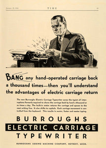 1934 Ad Burroughs Electric Carriage Typewriter Typist - ORIGINAL ADVERTISING TM6