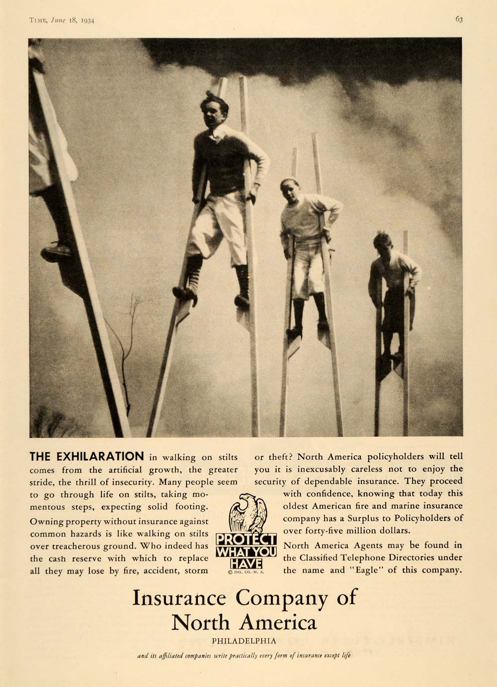 1934 Ad Insurance America Stilts Hobby Eagle Policy - ORIGINAL ADVERTISING TM6