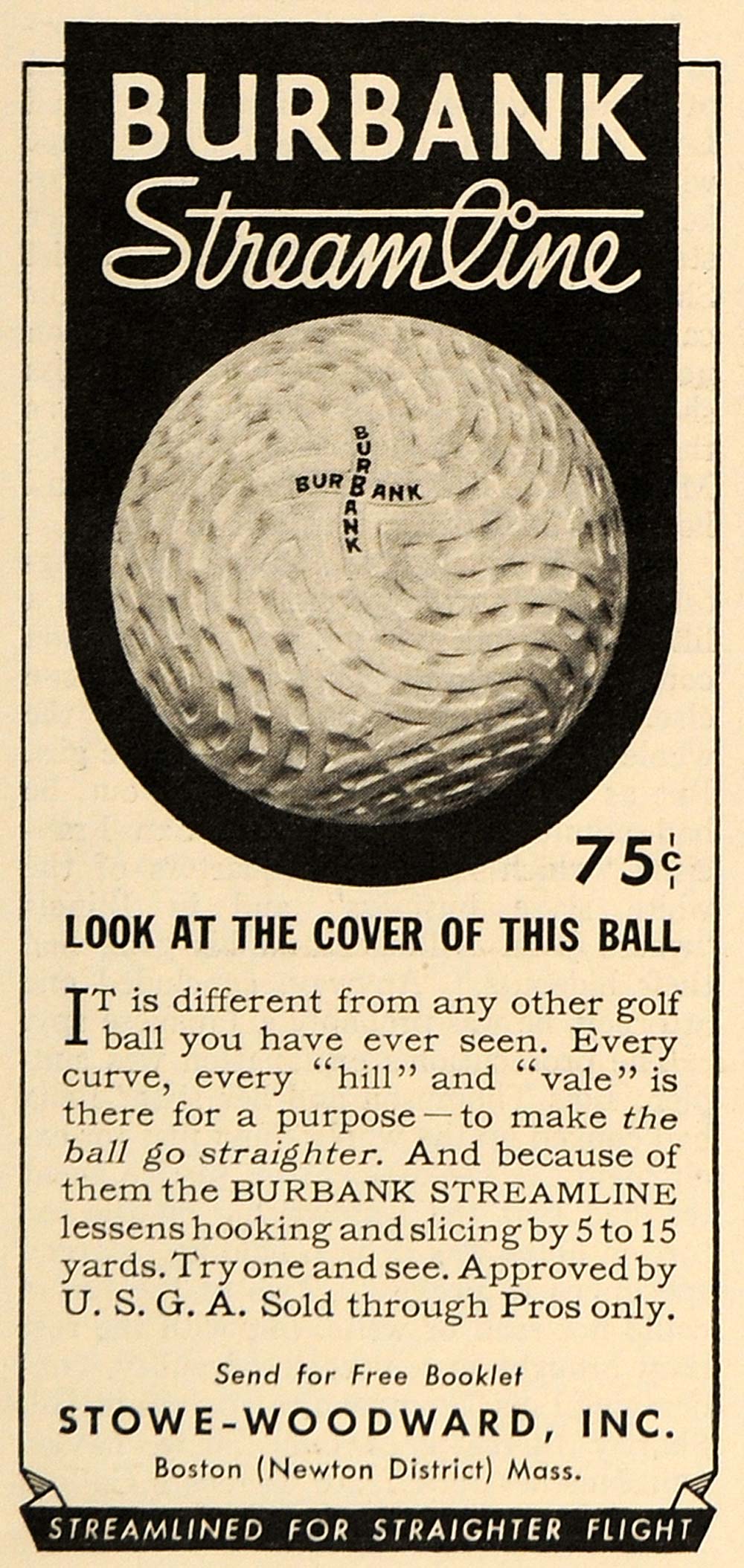 1935 Ad Burbank Streamline Golf Ball Stowe-Woodward - ORIGINAL ADVERTISING TM6