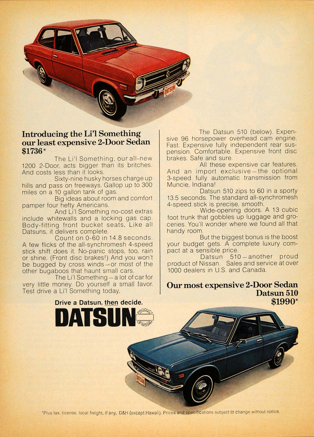 1970 Ad Nissan Motor Corp Red Blue Datsun 2-Door Sedan - ORIGINAL