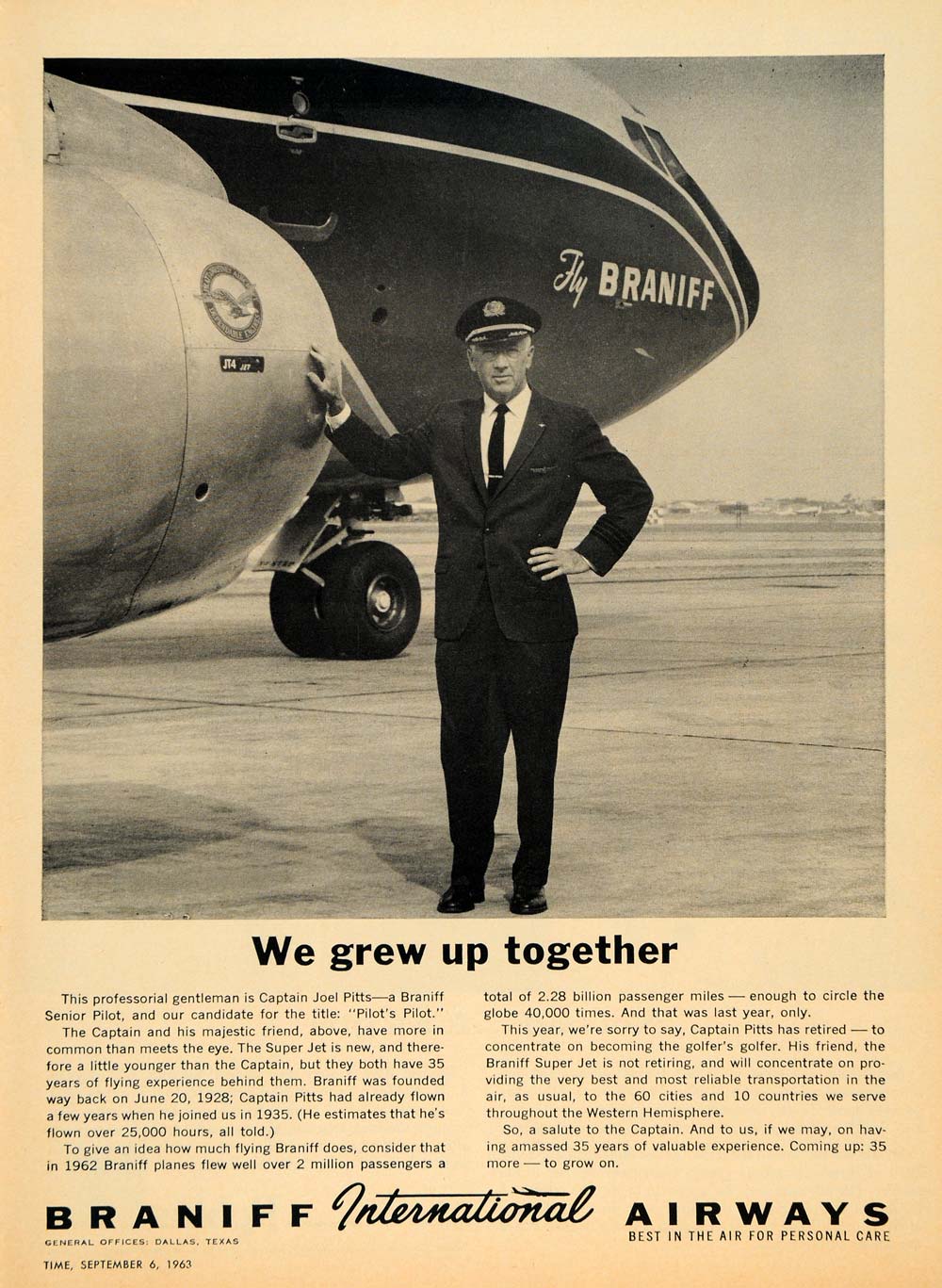 1963 Ad Braniff International Airway Captain Joel Pitts - ORIGINAL TM6