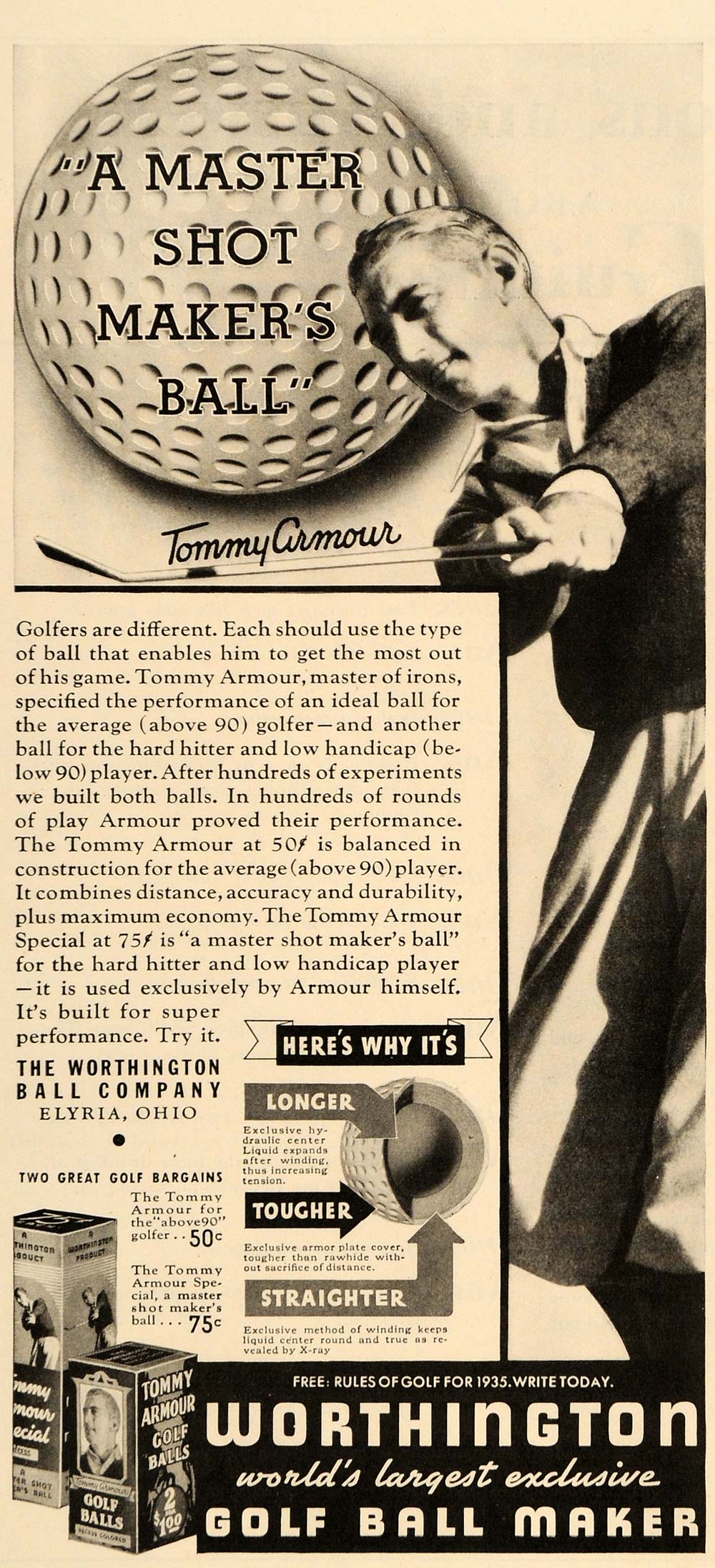 1935 Ad Worthington Ball Co. Tommy Armour Golfing Ball - ORIGINAL TM6