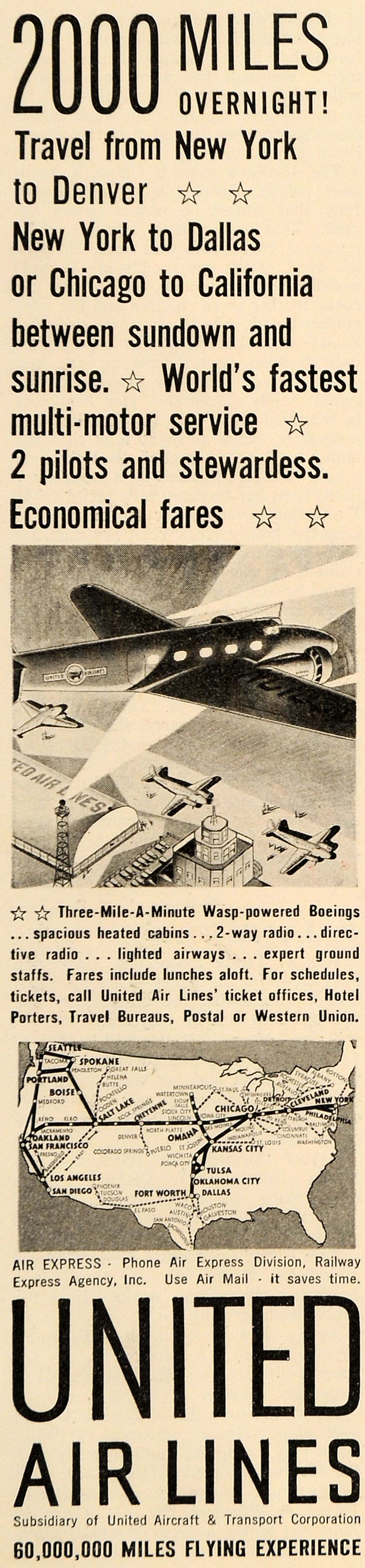 1934 Ad United Air Lines Aircraft Airplanes Trip US Map - ORIGINAL TM6