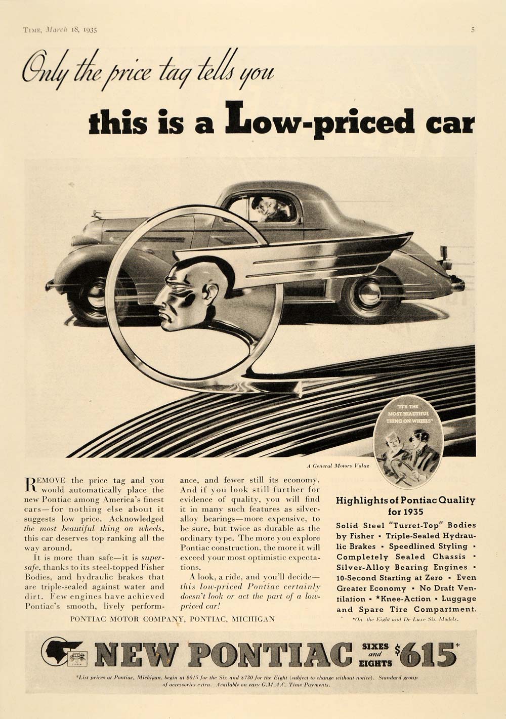 1935 Ad Pontiac Motor Co. General Motors Automobile - ORIGINAL ADVERTISING TM6